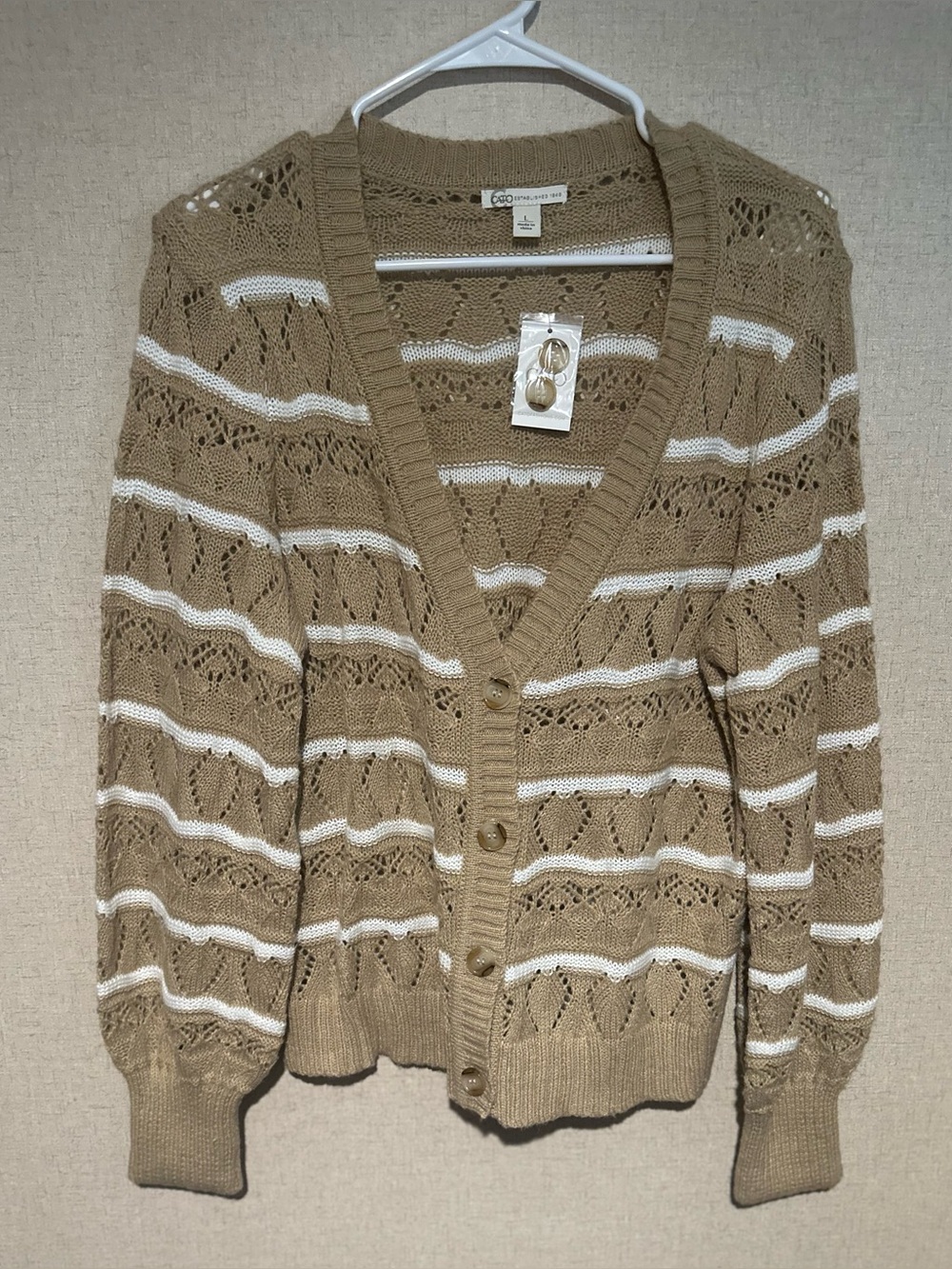Cato Large Tan and White Striped Openwork Button Point Elle Knit Cardigan